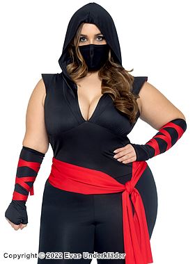 Female ninja (aka kunoichi), costume jumpsuit, deep neckline, sash, plus size